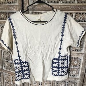 Madewell White and Blue Embroidered Top, Size S